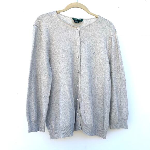 Lauren Ralph Lauren Silk Cashmere Pearl Button Cardigan Sweater Grey Gray XL - Picture 2 of 6
